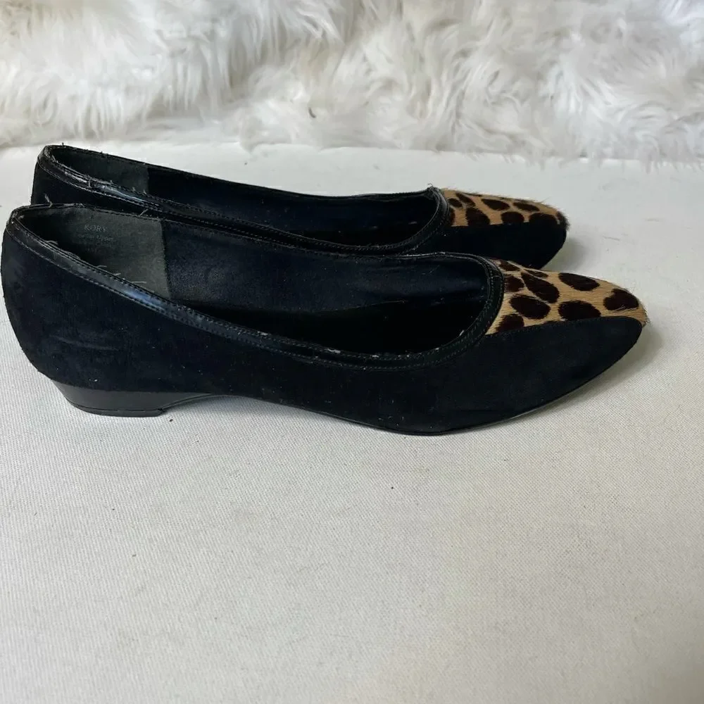 J Renée Kory black leather suede leopard print calf hair flats size 9.5